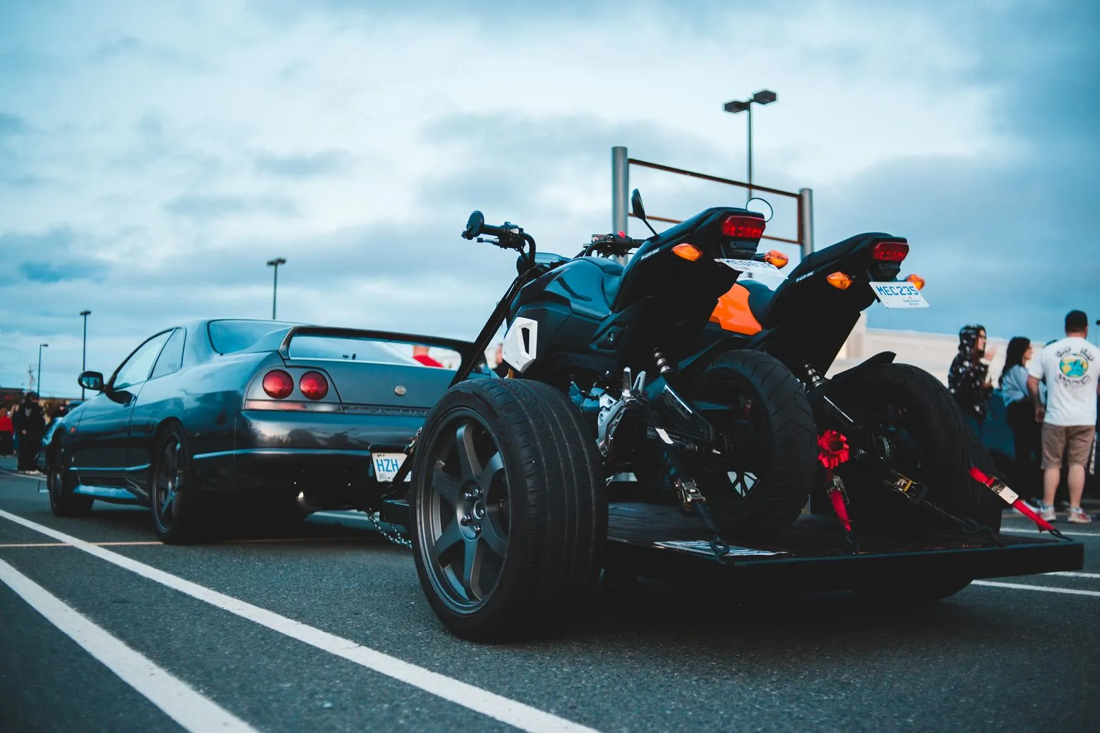 Motorcycles secured on a trailer for towing